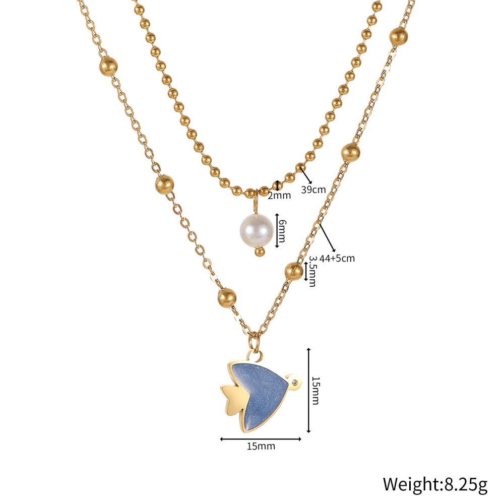 Two-Layer Oregon Drip Oil Cartoon Penguin Pearl Necklace Shell Sea Turtle Fish Ocean Animal Jewelry Accessories Stainless Steel