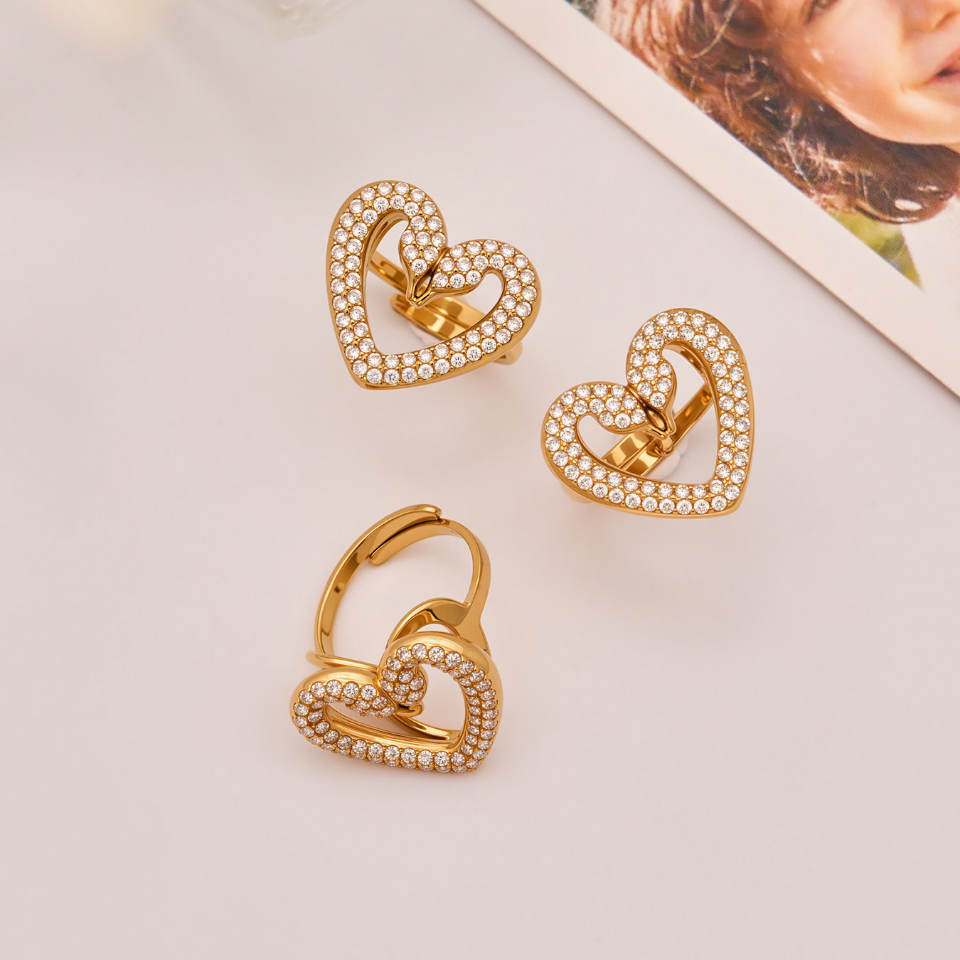 Women's 304 Stainless Steel Handmade Chain Vacuum Electroplating (In Furnace) 18K Gold Plated Geometric Pattern Zircon Full Diamond Double Swan Earrings Ring Bracelet Necklace Heart Full Diamond Jewelry Set Accessories