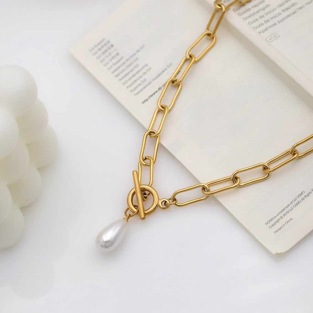 18K Gold OT Clasp Geometric Pearl Titanium Steel Women's Necklace With Round Plated Nylon Chain