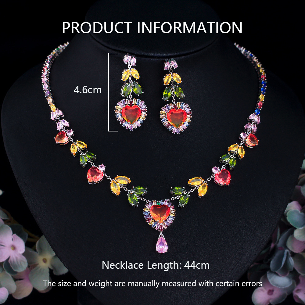 1 Set Of Copper Jewelry Suit (1 Necklace And 1 Pair Of Earrings) Fashion Trend Rainbow Necklace And Earrings Suite Suit Color Zircon Peach Heart Design Dinner Party Dress Wedding Dress Accessories Suitable For Women's Wedding Or Date Wear