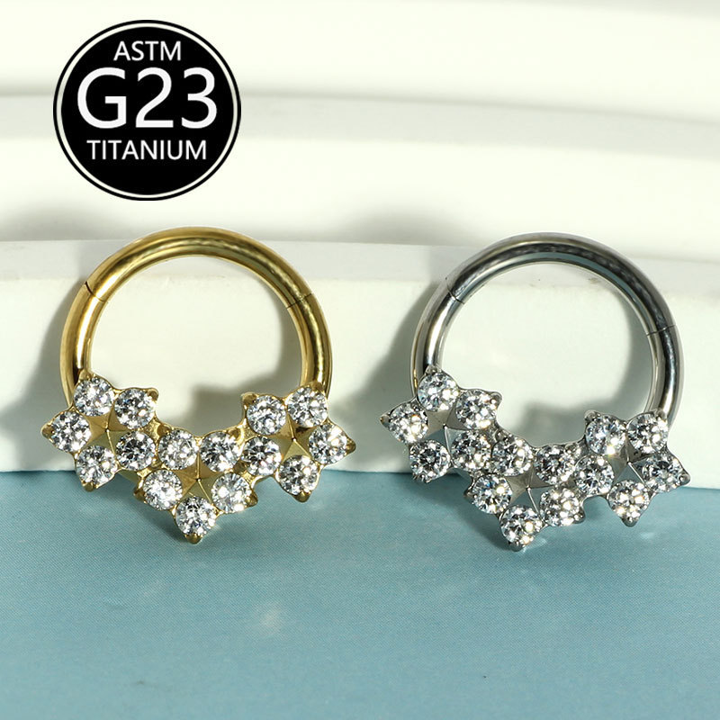 Fashion Titanium Metal Zircon Nose Ring F136 Implant Grade Body Piercing Jewelry Elegant Floral Pattern Unisex Accessories