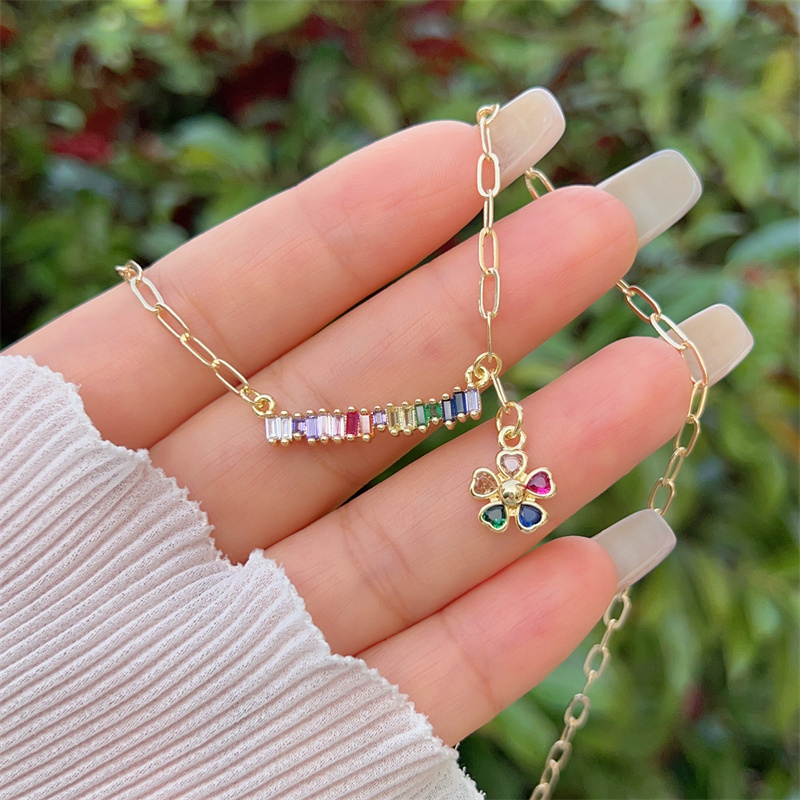 18K Gold Plated Handmade Double Pendant Flower Zircon Necklace Classic Simple Style Daily Wear Gift Copper Pendant Lobster Clasp