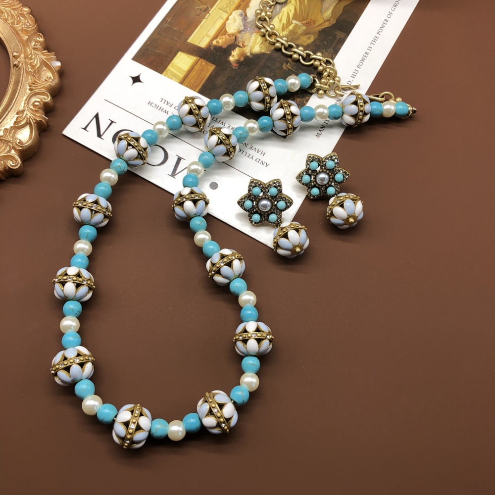 Elegant Green Turquoise Pearl Beaded Necklace And Earring Set Copper Material Women's Fashion Accessories Handmade Romantic