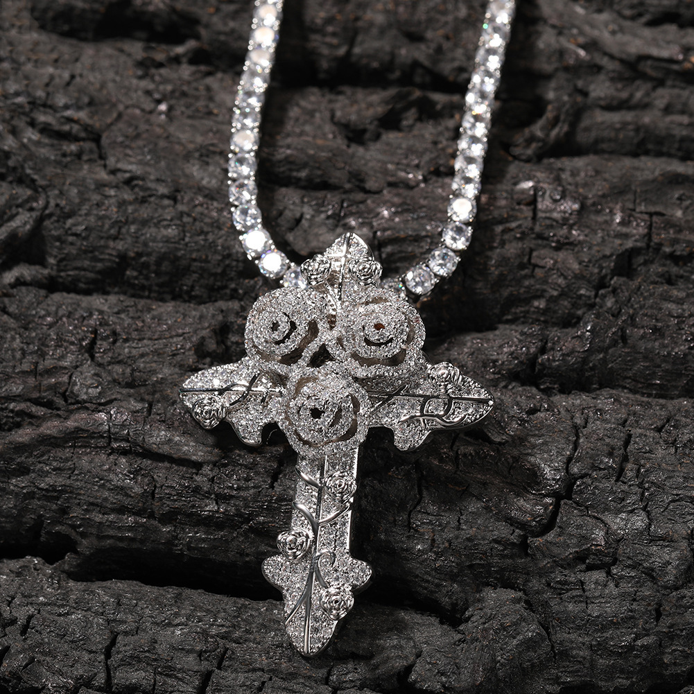 Fashion Style Rose Cross Zircon Pendant Twisted Chain Necklace Unisex Couple Accessories Geometric Pattern Copper Material