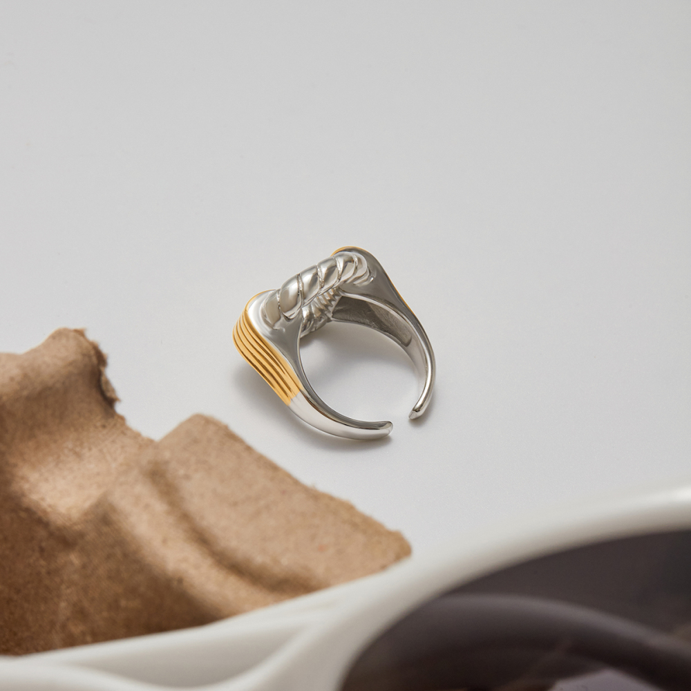Ladies Classic Style Stainless Steel Hollow Out Open Ring Gold And Silver Color Block Twisted Wire Design Adjustable Size