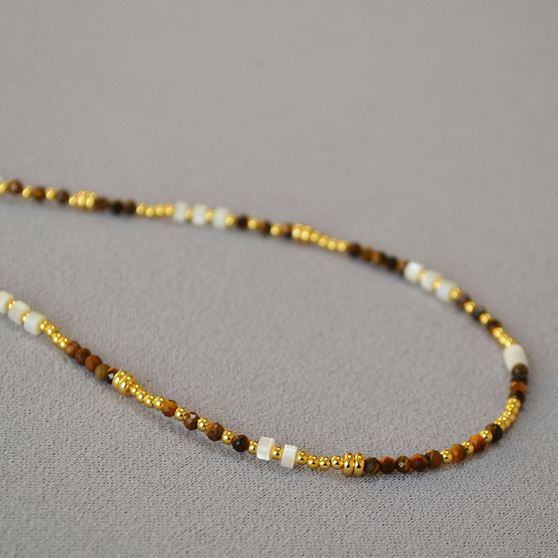 French Vintage Design Shell Beads Tiger Eye Stones Necklace Collarbone Chain Women Simple Elegance Jewelry Accessories