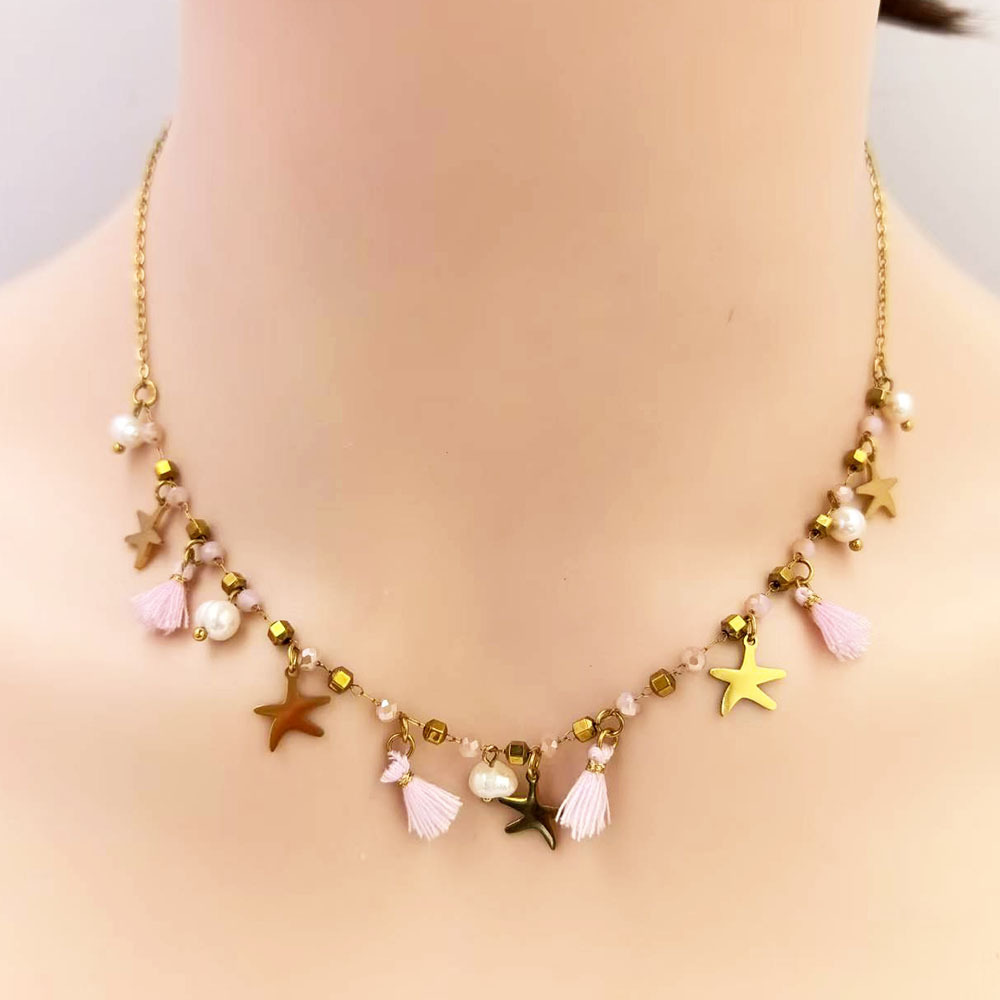 Handmade Bohemian Beach Tassel Necklace Women's Pearl Starfish Coast Jewelry Fashionable Stainless Steel Mixed Material