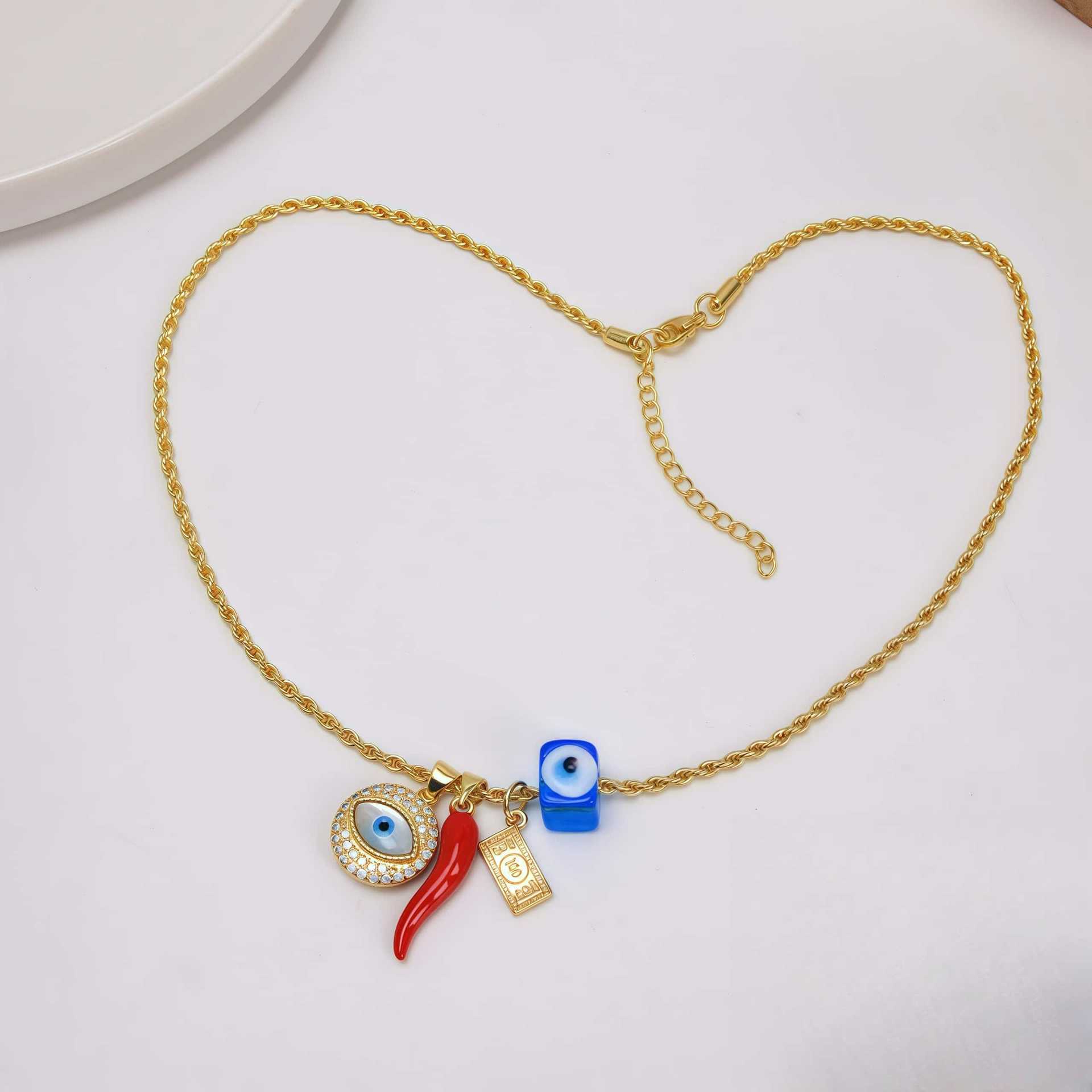 18K Gold Plated Zircon Demon Eye Necklace Women's Jewelry Lucky Charm Pendant Round And Oval Copper Alloy Material