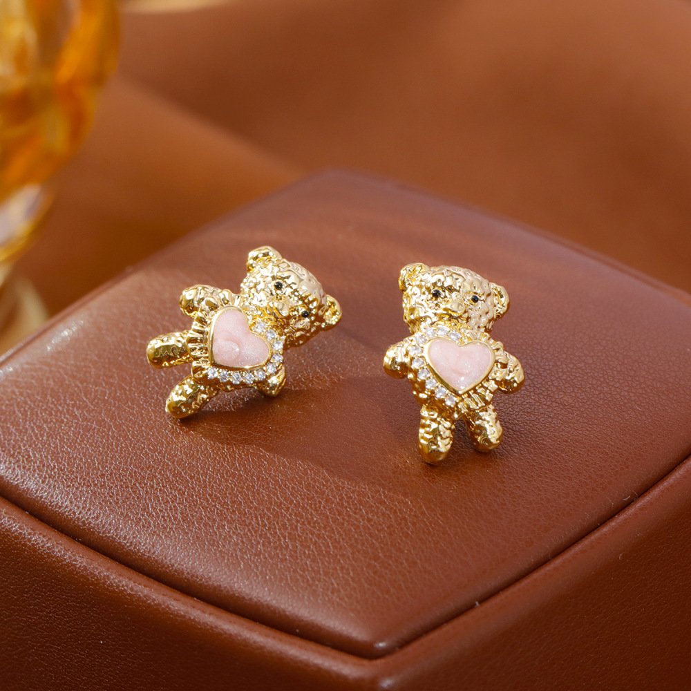 Delicate Bear Design Earrings With Zircon Heart Commuter Sweet Cute Style New Arrival Fashionable Women's Jewelry Accessories