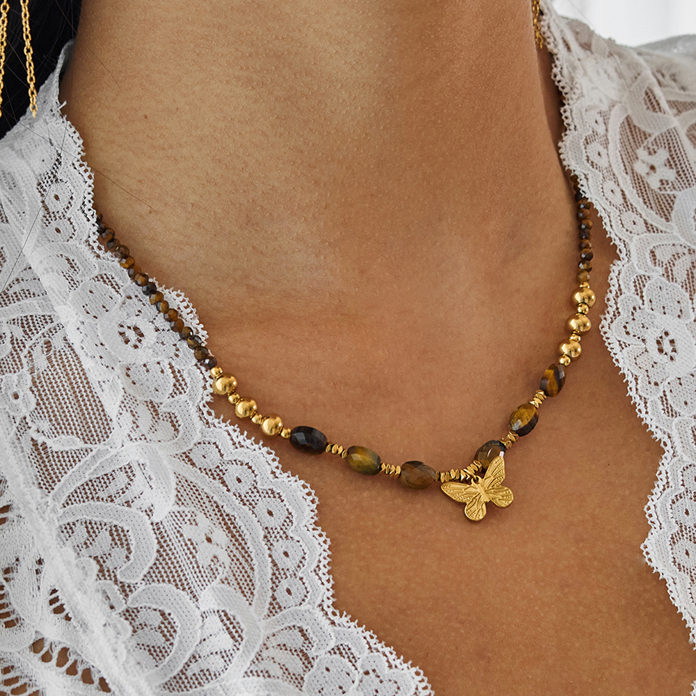 Ladies Classic Style 18K Gold Stainless Steel Butterfly Pendant Tiger Eye Stone Beaded Necklace 42+5CM Butterfly Chain Design