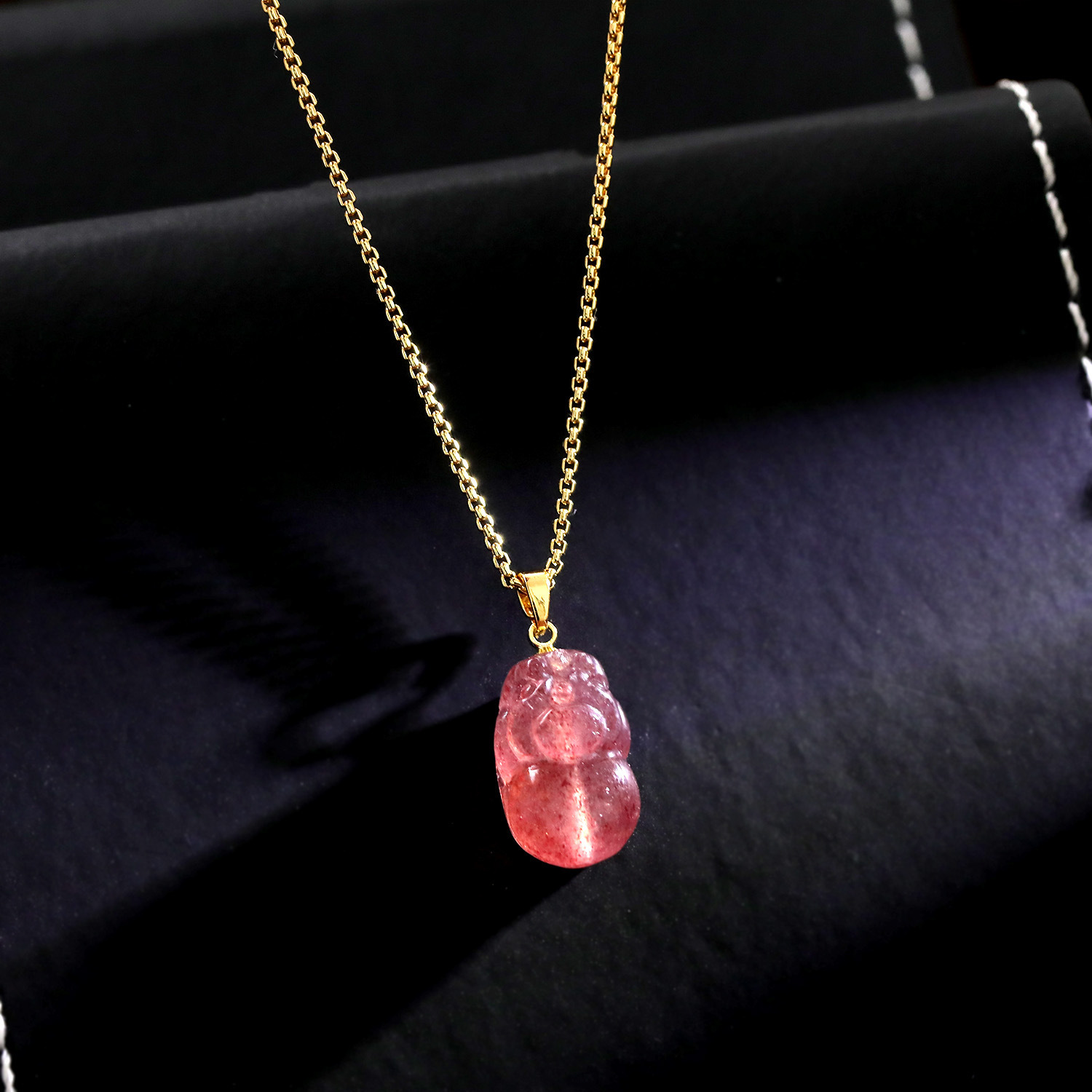 Trendy Accessories Sweater Chain Pink Strawberry Crystal Tassel Pendant Yellow Jade Necklace For Women
