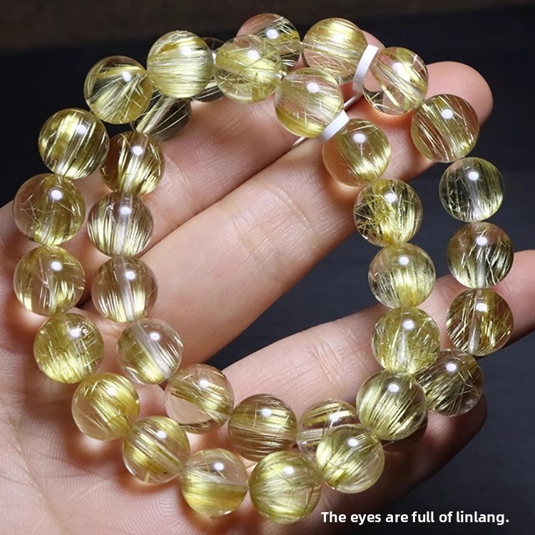 Natural Brazilian Gold Hair Crystal Bracelet Unisex Yellow Quartz Titanium Crystal Geometric Pattern Polished Design Chinese Style
