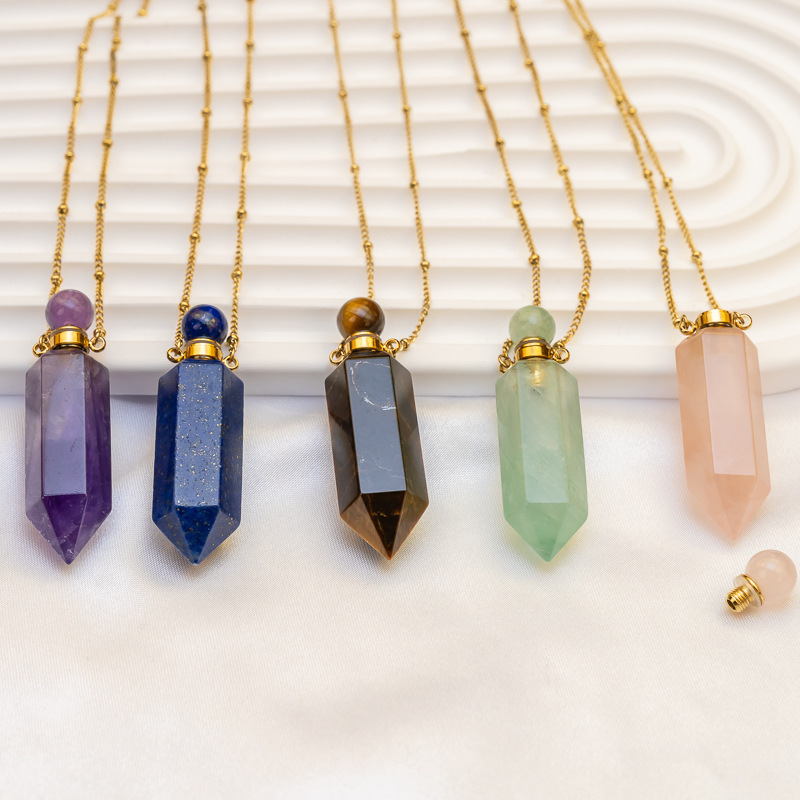 Natural Crystal Round Bead Hexagonal Column Perfume Bottle Stainless Steel Necklace Pointed Cone Aromatherapy Bottle Women's Luxurious Style Jewelry Accessories