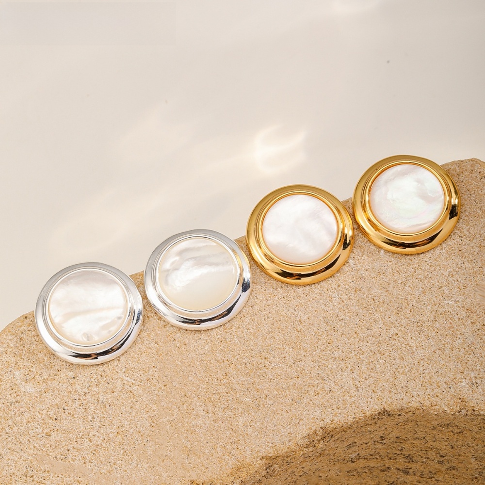Natural Shell Earrings Round Geometric Design 18K Gold Plated 925 Silver Post Vintage Style Women's Jewelry Accessories
