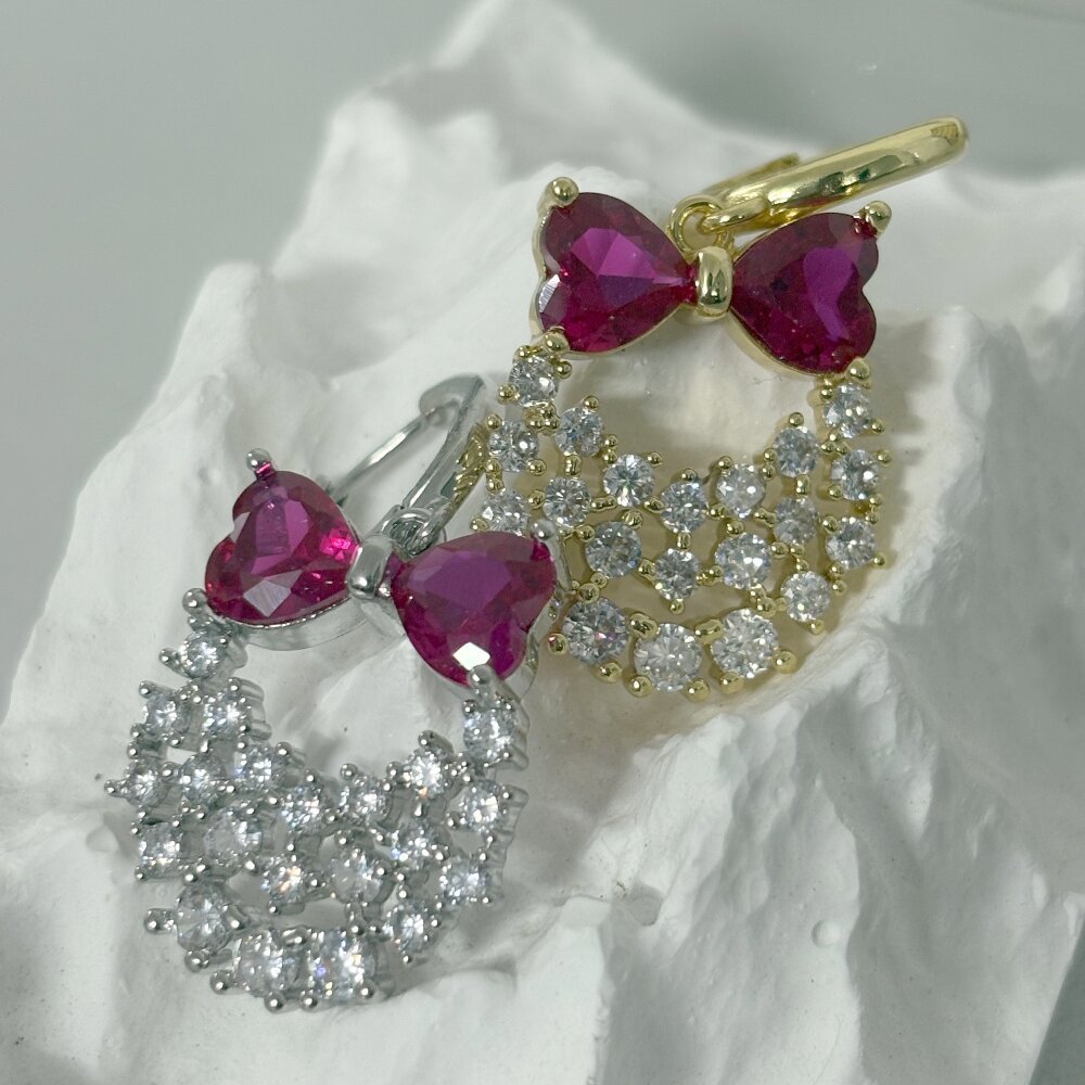 Christmas Red Bow Zircon Earrings Rose Gold Geometric Copper Material Unisex Jewelry Accessories