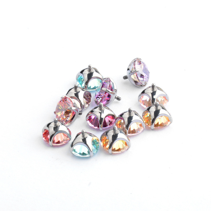 New Gradient Color Round Bottom Claw Shape F136 Titanium Alloy 5A Zirconia Threaded Earrings Piercing Jewelry Accessories