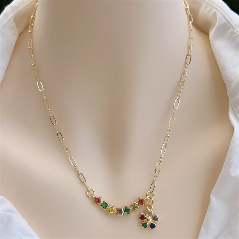 18K Gold Plated Handmade Double Pendant Flower Zircon Necklace Classic Simple Style Daily Wear Gift Copper Pendant Lobster Clasp