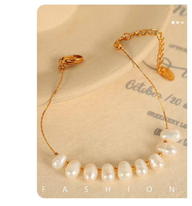 Women's 304 Stainless Steel Ion Plating (IP) 18K Gold Plated Beaded Polishing Plating Oval Freshwater Pearl Bracelets Imitation Pearl Jewelry