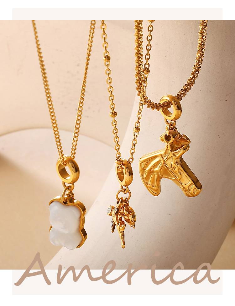 New Fashion Light Luxury Bear Pearl DIY Pendant Necklace Stainless Steel 18K Gold Plated Versatile Necklace