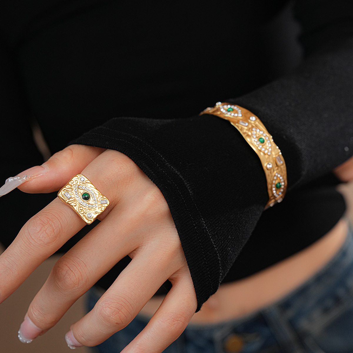Graceful Turquoise Eye-shaped Open Ring Bracelet For Women Vintage Court Style Geometric Pattern 304 Stainless Steel Inlaid Diamond Hand Jewelry