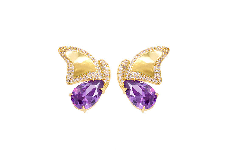 Butterfly Wing Half-and-Half Gold Plated Brass Purple Necklace Earring Set Elegant Dynamic Combination Fashion Jewelry