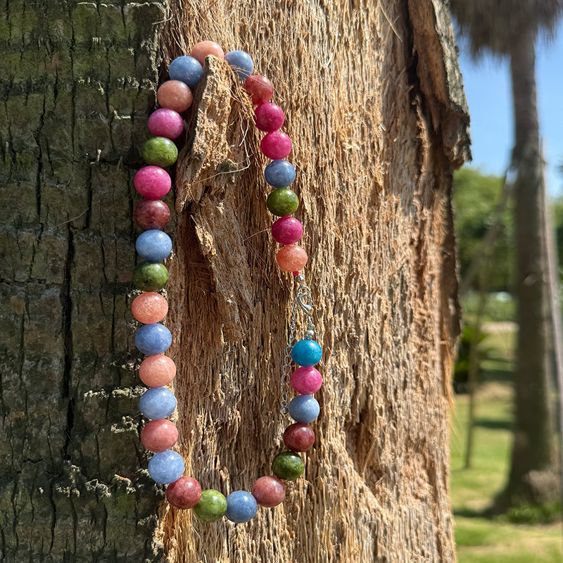 Natural Crystal Beaded Necklace For Women Colorful 12mm Gemstone Choker Summer Fashion Jewelry Sweet Style Alloy Material