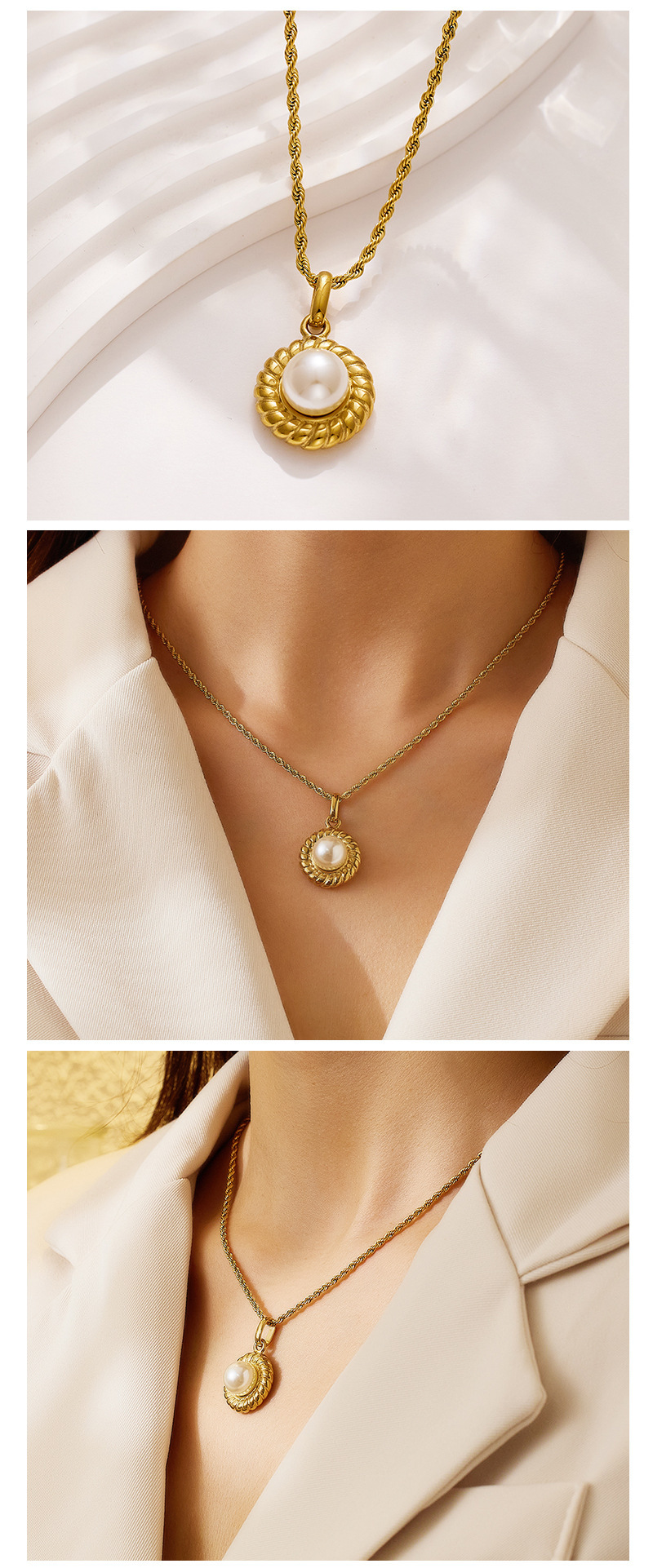 French Style Pearl Necklace Titanium Steel Geometric Vacuum Plated Stainless Steel 18K Gold Edge Suitable For Women