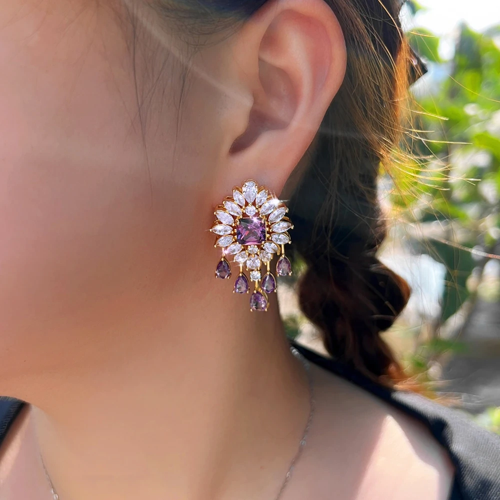 Quality Charming Purple CZ Crystal Big Flower Long Drop Tassel Earrings For Women Fashion Dancing Party Jewelry