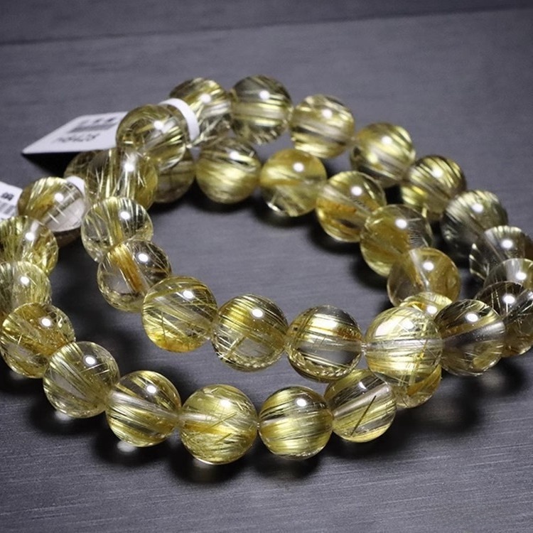 Natural Brazilian Gold Hair Crystal Bracelet Unisex Yellow Quartz Titanium Crystal Geometric Pattern Polished Design Chinese Style