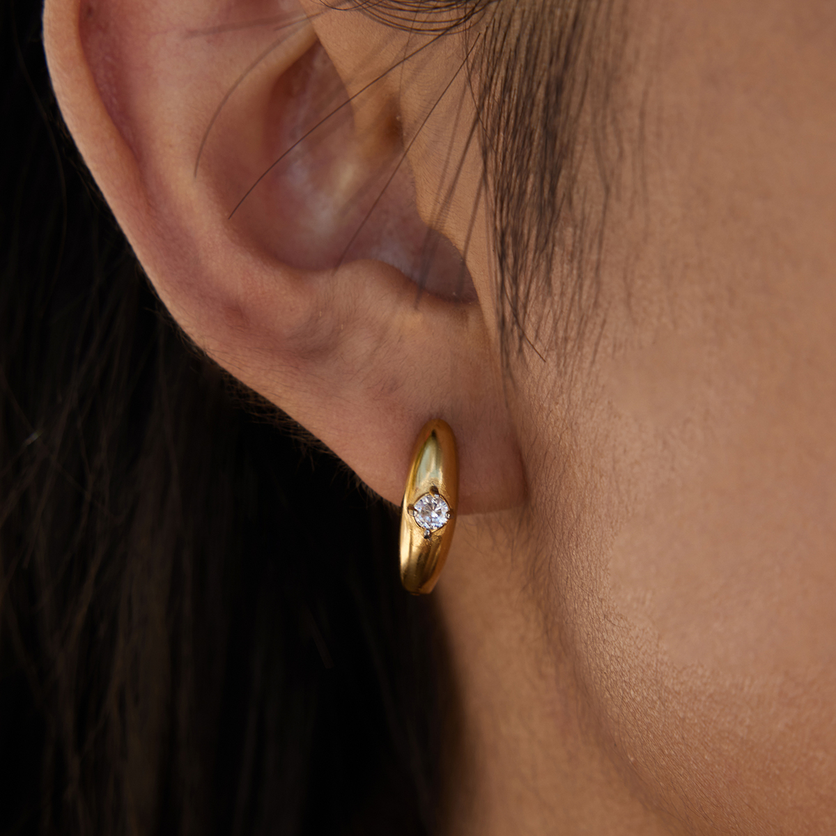 Women's Classic Style 18K Gold Stainless Steel + Zircon White Zircon Earrings Pair