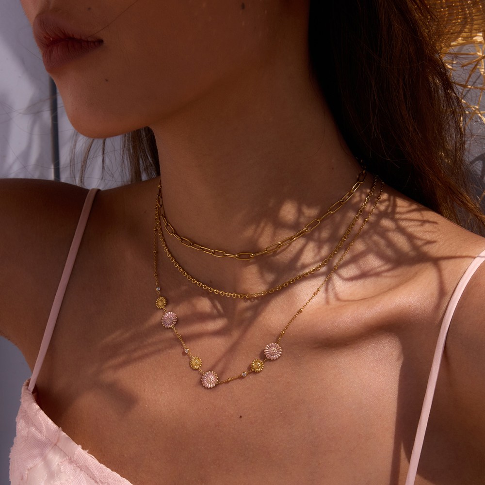316 Stainless Steel  PVD Coated Chrysanthemum Casual Vacation Commute Cable Chain Necklace For Women's