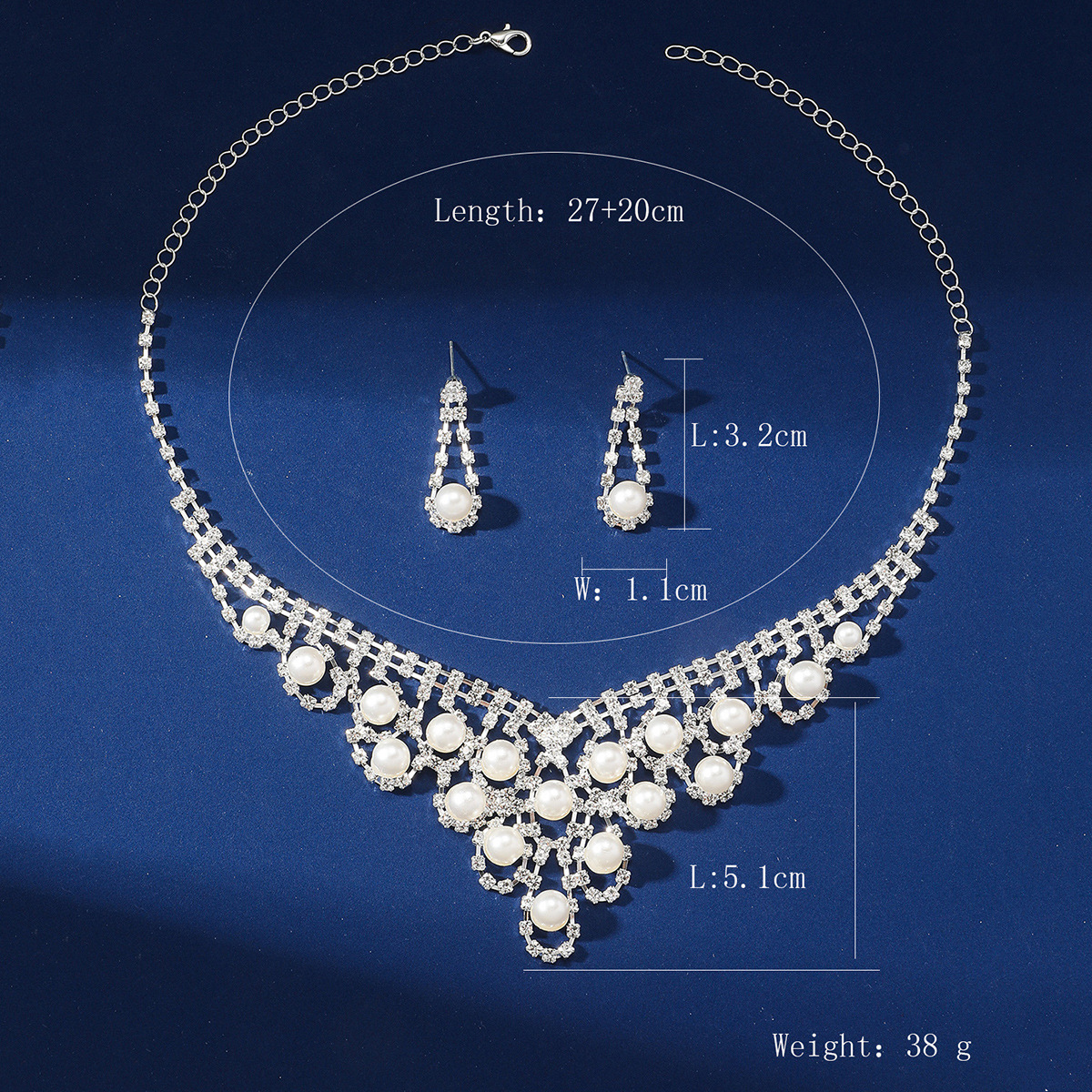 Pearl Rhinestone Necklace Earrings Set Ball Shape Dress Chain Polyester Material Printed Pendant Women Jewelry Accessories
