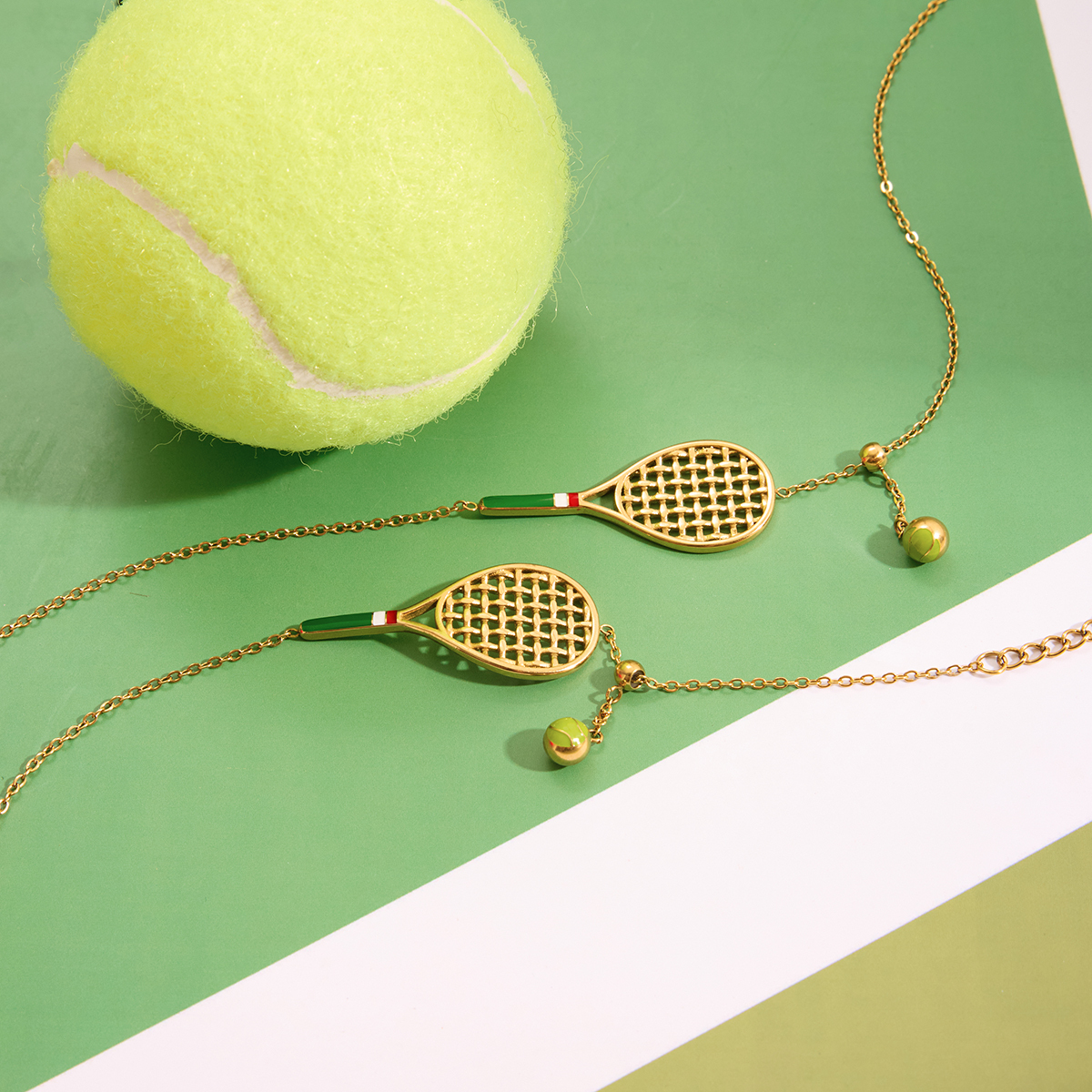 Ladies' Sporty Style Tennis Racket Pendant Necklace Bracelet Set Stainless Steel Green Drip Oil Colorful Jewelry Accessories
