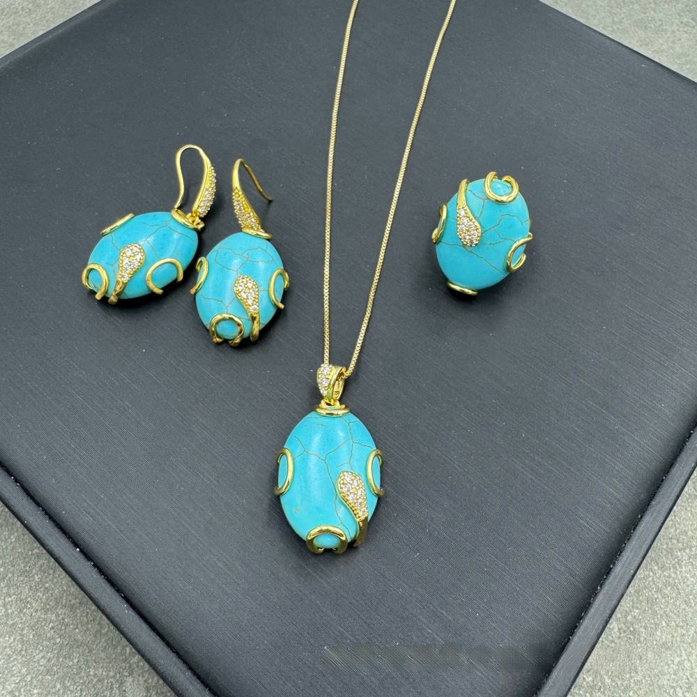 Handmade Turquoise Leaf Embedded Jewelry Set Ethnic Style Necklace Unique Small Audience Accessories Live Broadcast Three-piece Set
