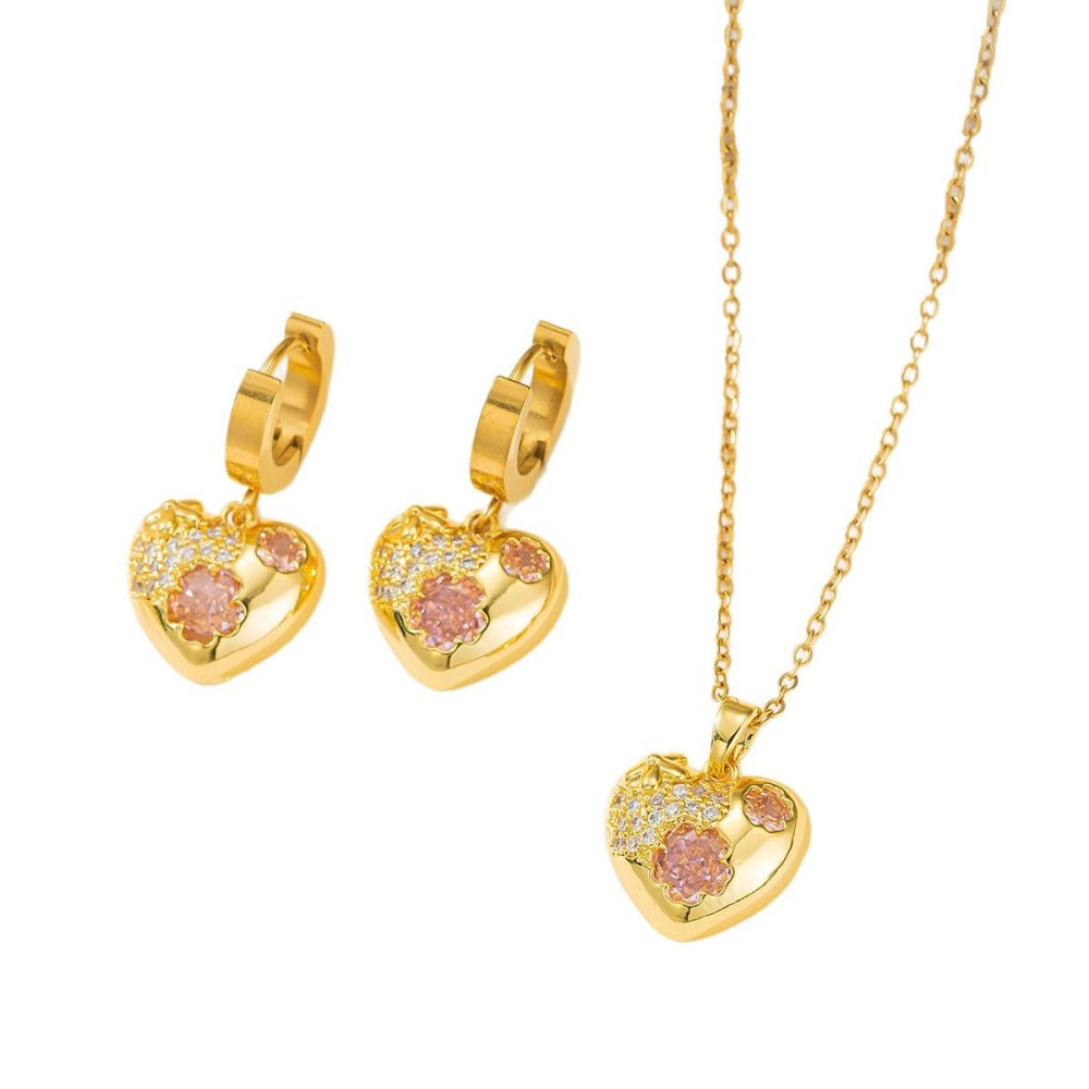 Pink Heart-Shaped Stainless Steel Jewelry Set For Women Minimalist Design No Engraving Accessories