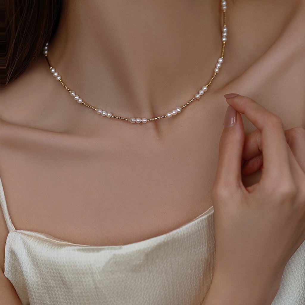 Natural Freshwater Pearl Necklace For Women Baroque Design Dainty Clavicle Chain Spacer Beads Small Rice Beads Elegant Jewelry