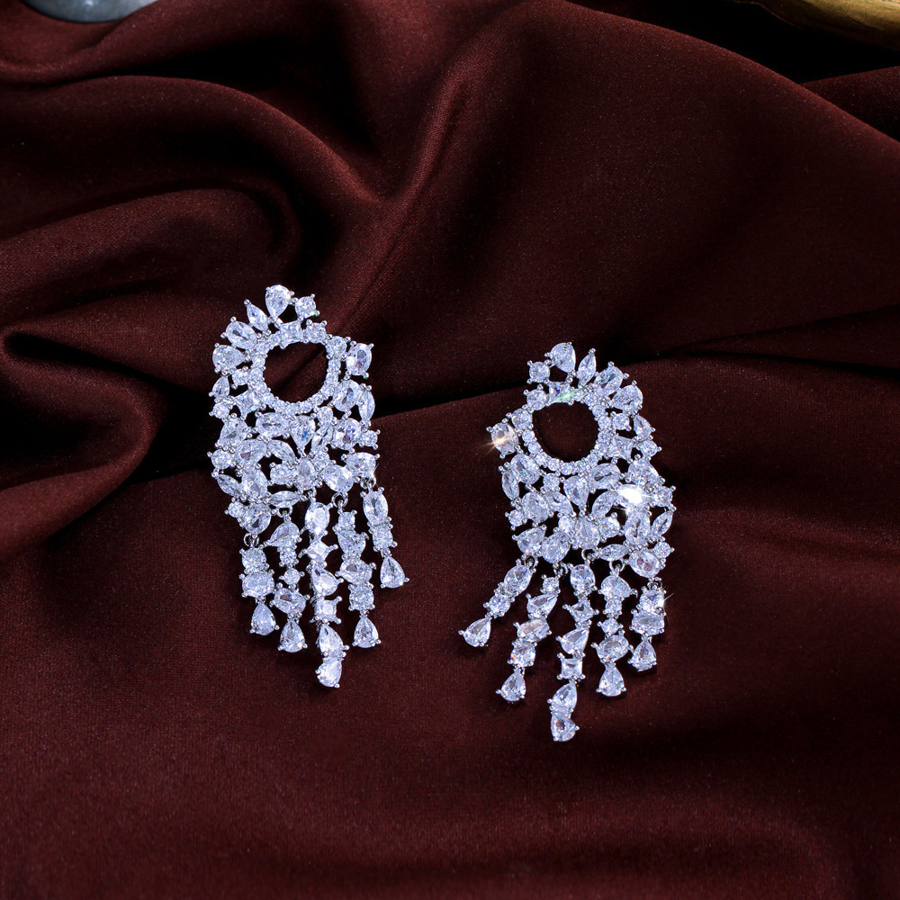 Elegant Long Tassel Zirconium Stone Copper Earrings Wedding Suitable Women's Date Jewelry Accessories Polished Finish