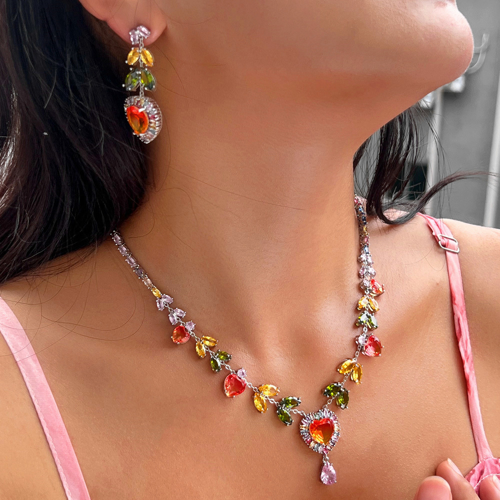 1 Set Of Copper Jewelry Suit (1 Necklace And 1 Pair Of Earrings) Fashion Trend Rainbow Necklace And Earrings Suite Suit Color Zircon Peach Heart Design Dinner Party Dress Wedding Dress Accessories Suitable For Women's Wedding Or Date Wear
