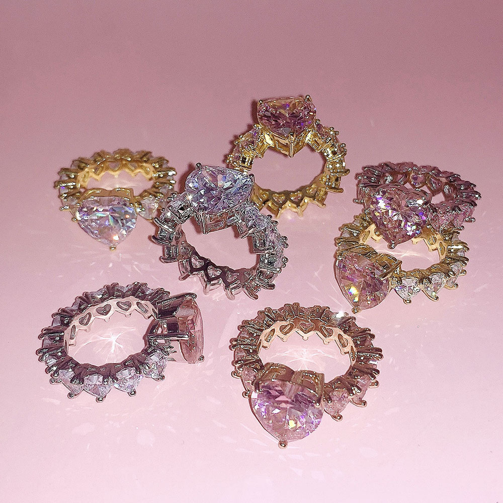 Inlaid Zircon Love Ring  Fashion Ornament Copper Plated Real Gold Ornament Hip Hop Ring Female Accessories Ornament Wholesale