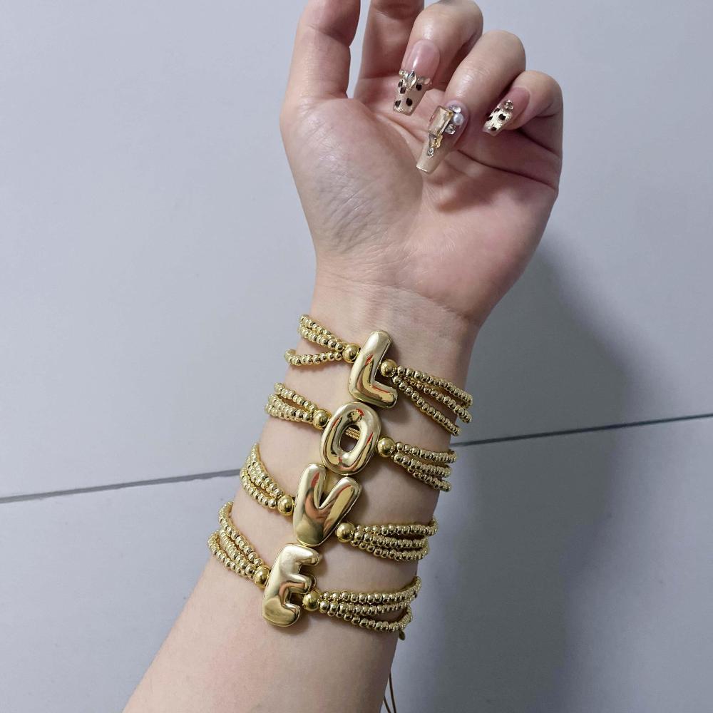 18K Gold Plated Copper English Letter Accessories Handmade Woven Beaded Adjustable Bracelet For Women Universal Electroplated Pure Rope Unisex