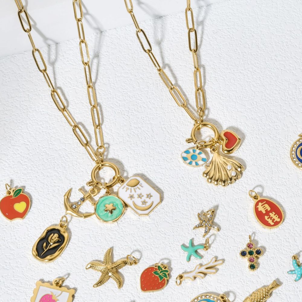 Stainless Steel Spring Buckle Necklace Star Moon Heart Pendant DIY Accessories Geometric Pattern Simple Style For Women