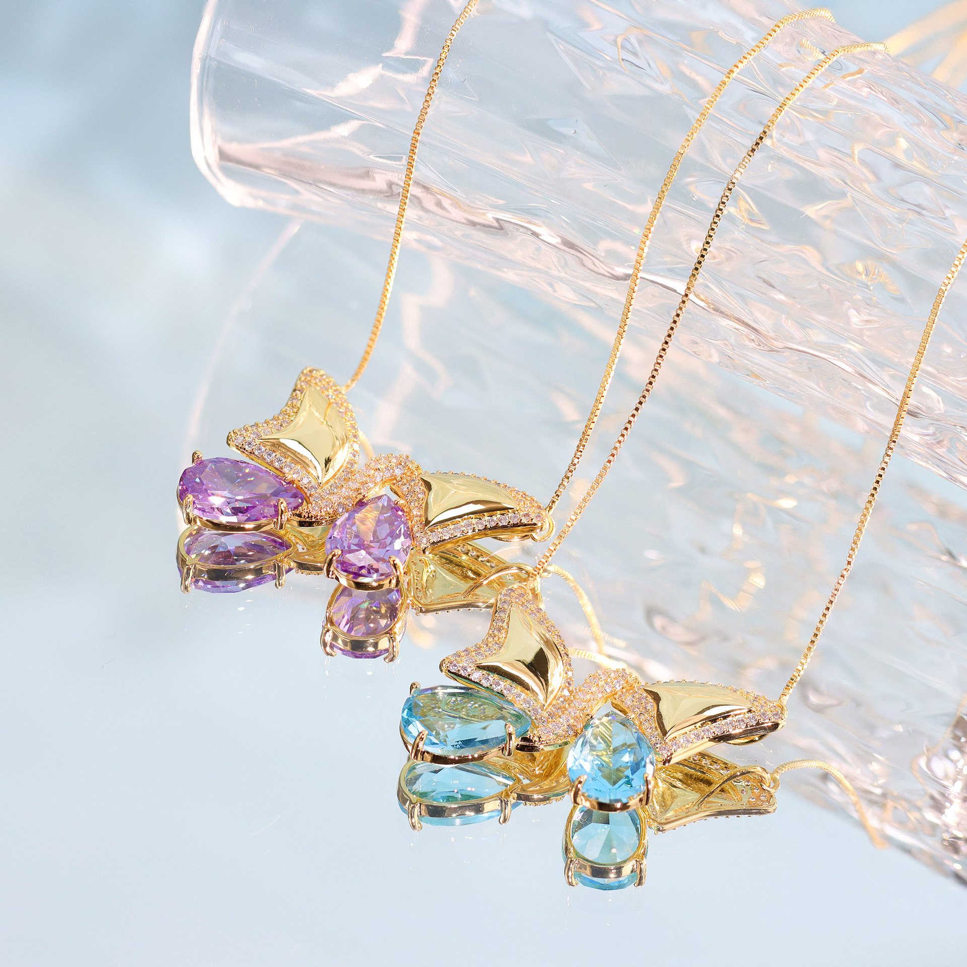 Butterfly Wing Half-and-Half Gold Plated Brass Purple Necklace Earring Set Elegant Dynamic Combination Fashion Jewelry