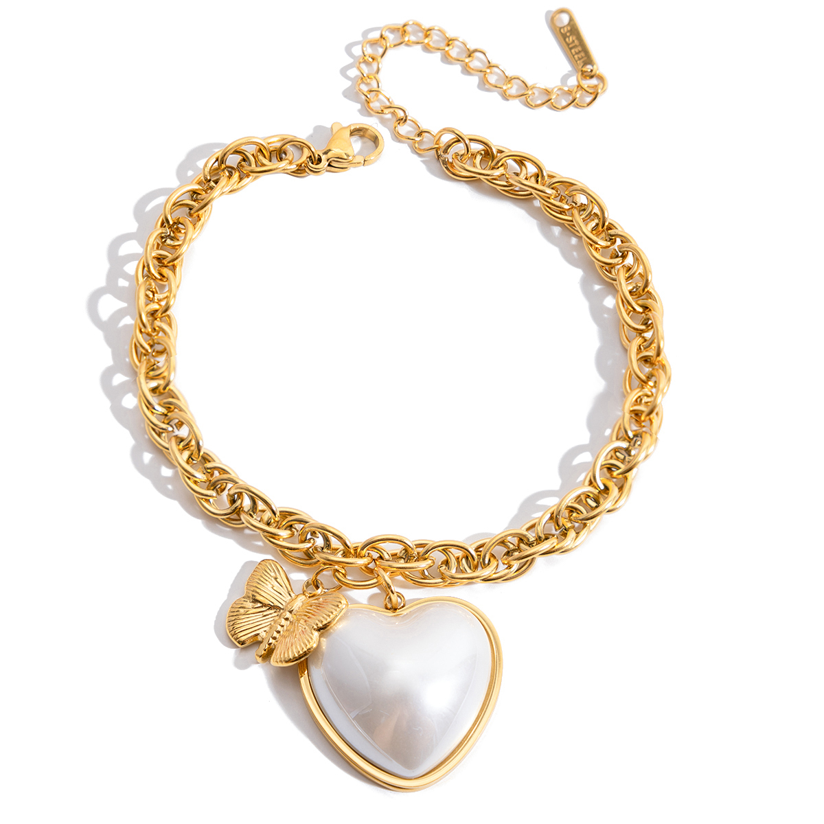 Women's Style - Elegant And Graceful / 18K Gold Stainless Steel + Imitation Shell Pearl / Heart Pearl + Butterfly Pendant Bracelet 17+5CM