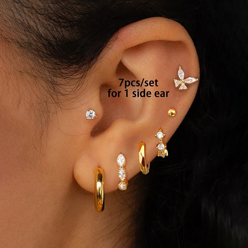 Zirconia Stud Earrings Set For Women 7-Piece Multifunctional Jewelry Accessories Geometric Pattern 24K Gold Plated