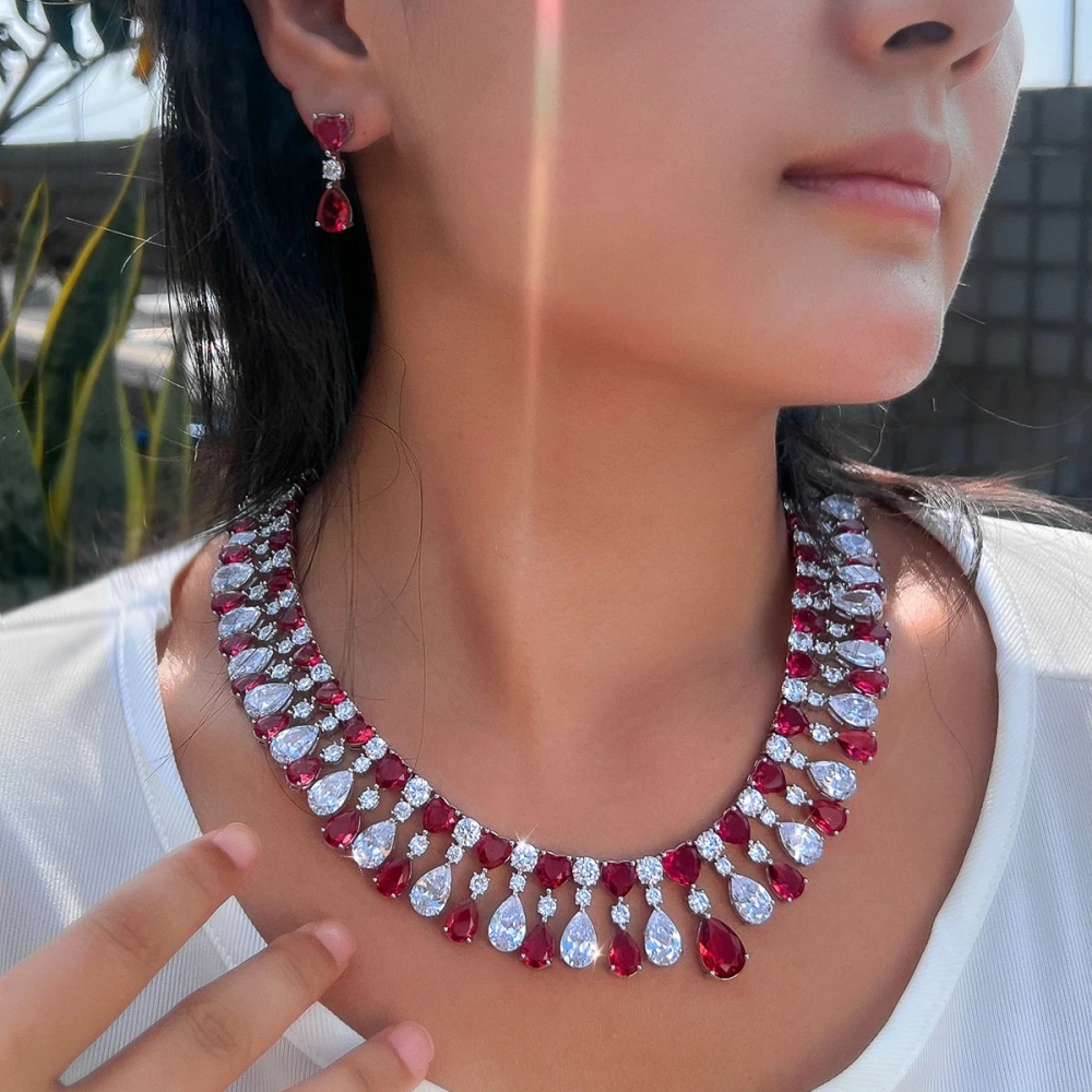 Water Plated White Gold Inlaid Red Cubic Zirconia Water Drop Shape Copper Material Women's Jewelry Set With Safety Clasp Tennis Chain (Full Diamond Chain)