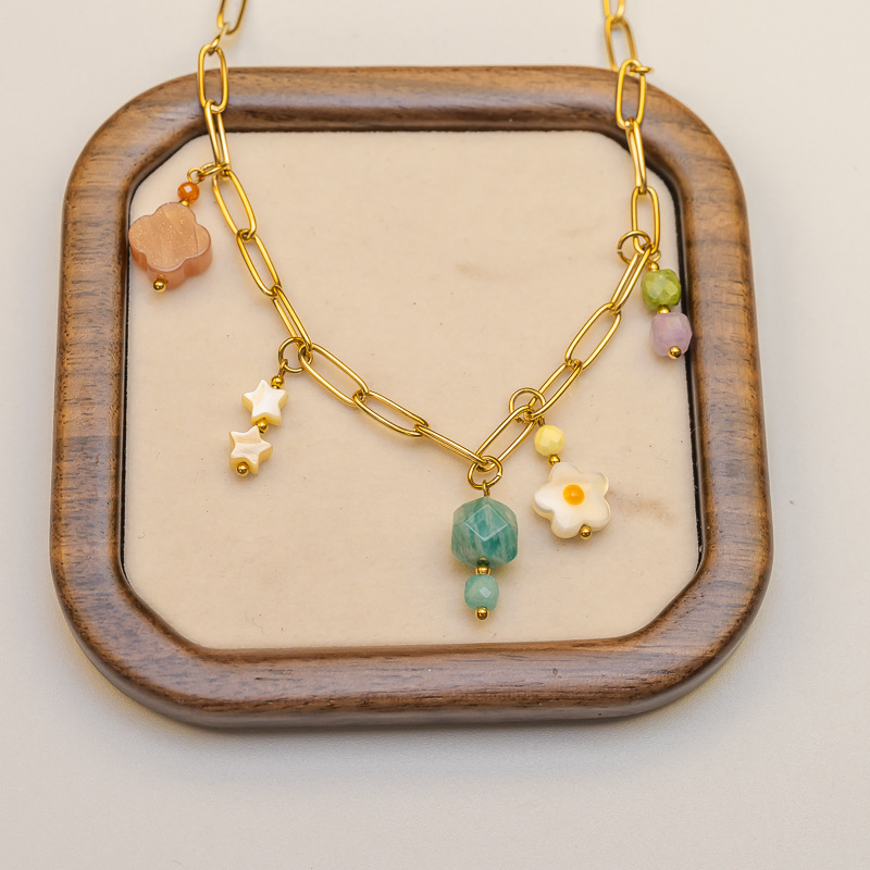 New Colorful Natural Stone Pendant Necklace Simple Fresh Female Style Stainless Steel Original Design Jewelry Accessories