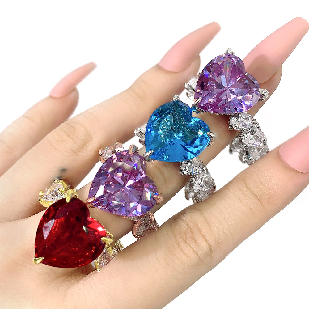 Jewelry Hip Hop Color Zircon Heart-Shaped Ring  18K Gold Plating Platinum Women's Ring  Zhang Yang Atmospheric Trend Female Ring