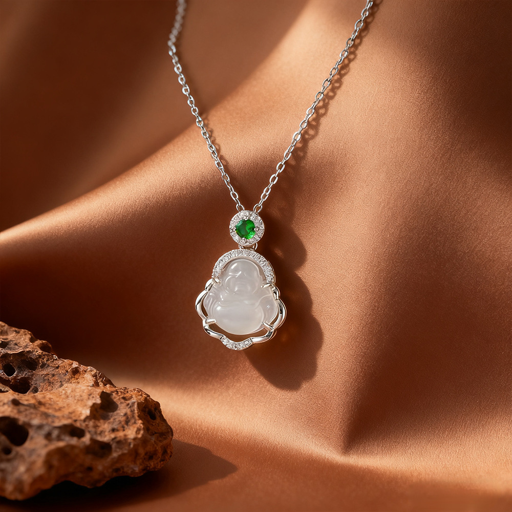 Leaf Green Zircon Pendant Necklace For Women Collarbone Chain Jewelry Ice Transparent Agate Buddha Statue