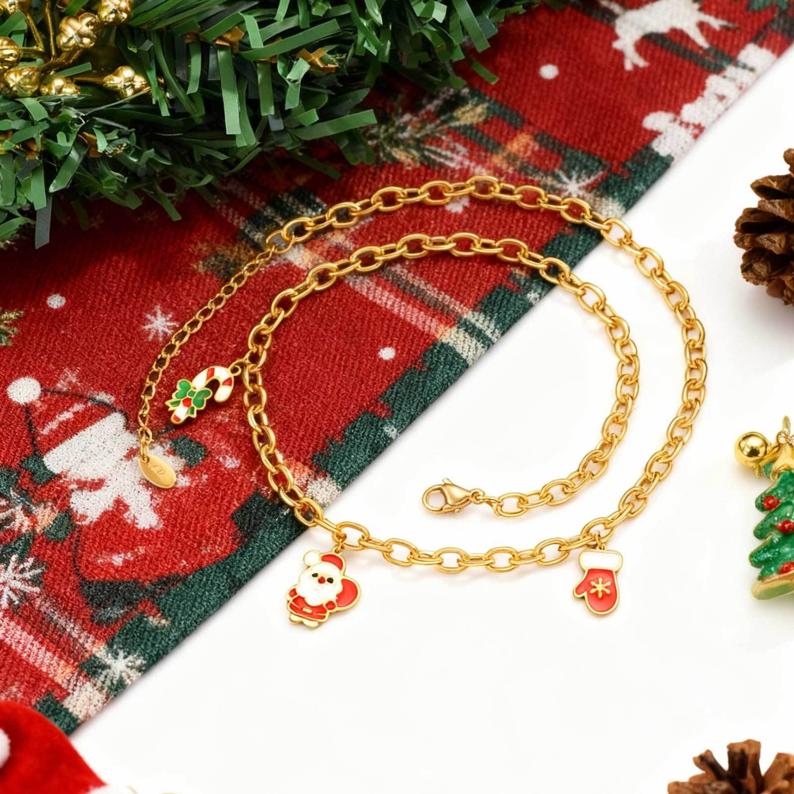 18K Gold Plated 201 Stainless Steel Round Cross Chain Santa Claus Christmas Tree Christmas Stocking Necklace Women's Jewelry Christmas Gift Lobster Clasp