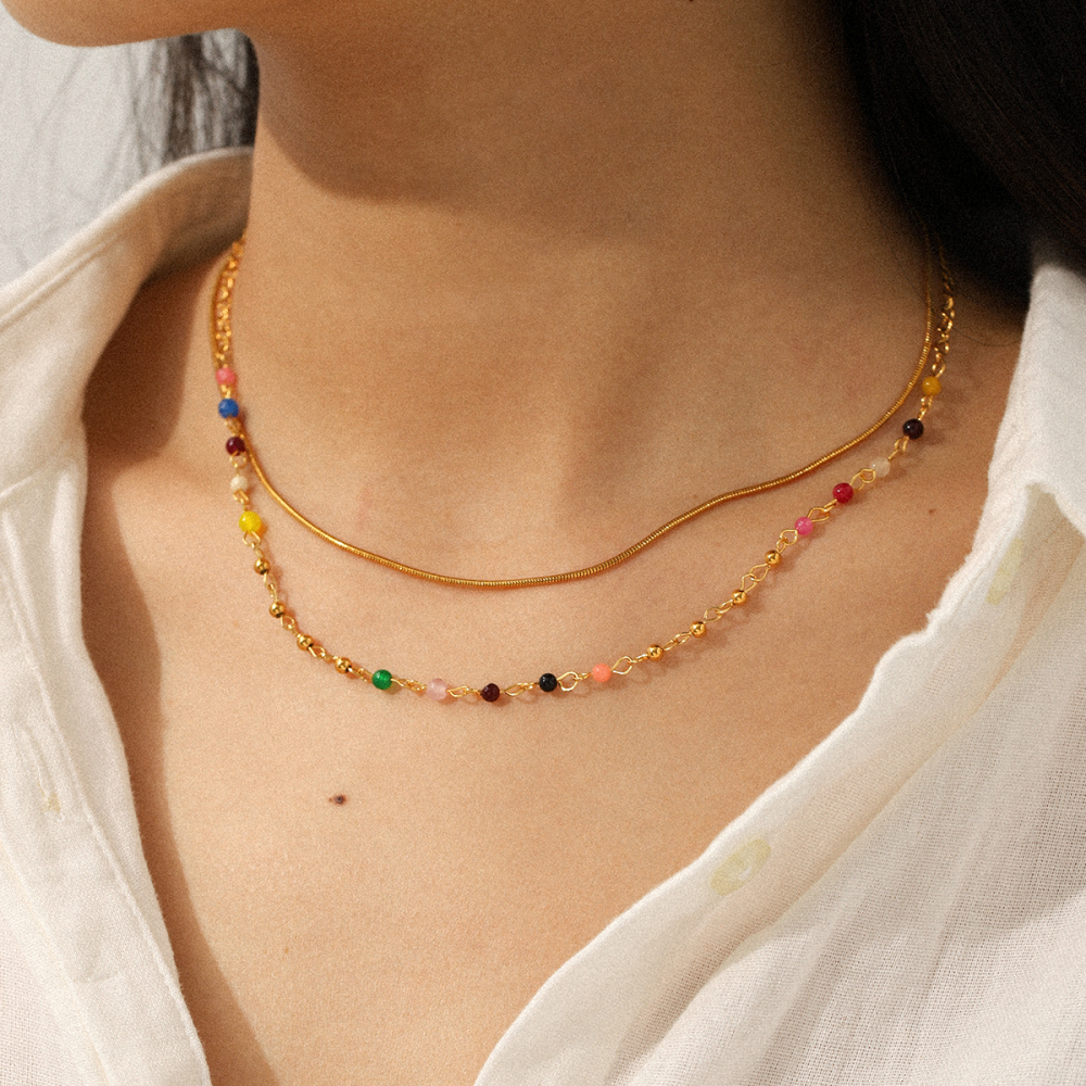 French Double Layer 304 Stainless Steel Necklace Non-Fading Choker Titanium Steel Round Snake Chain Colorful Beaded Chain Bohemian Vacuum Electroplated 18K Real Gold Plated Accessories